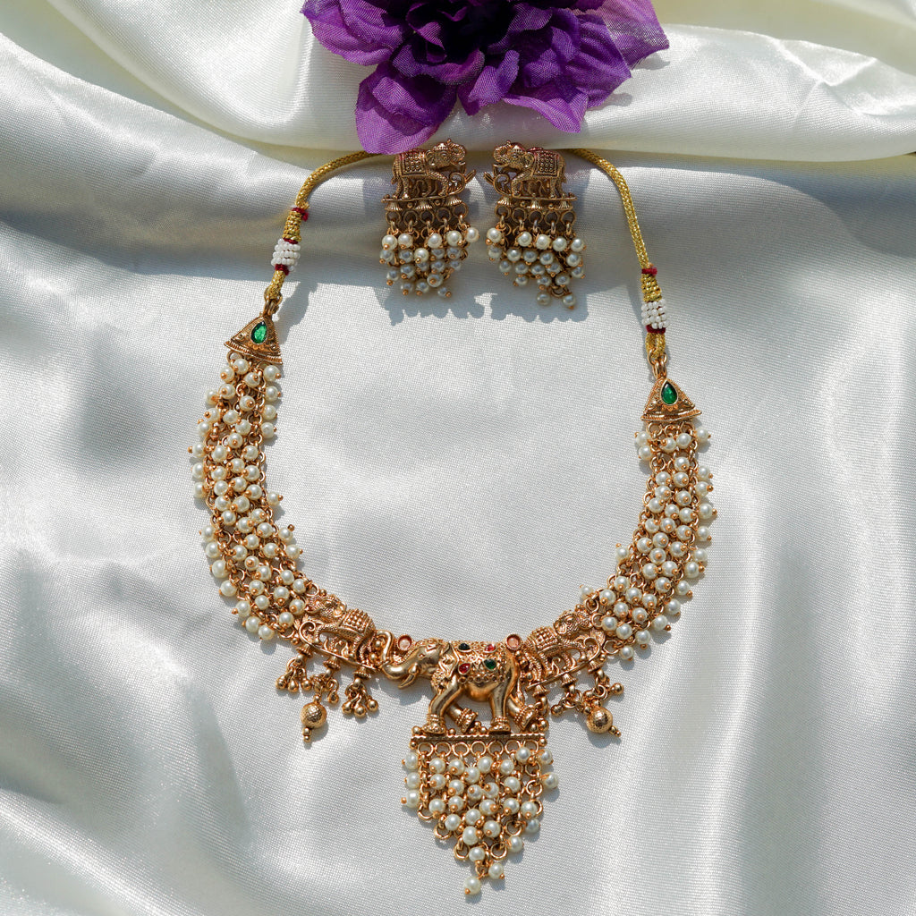 Elephant Motif Pearl Necklace Set