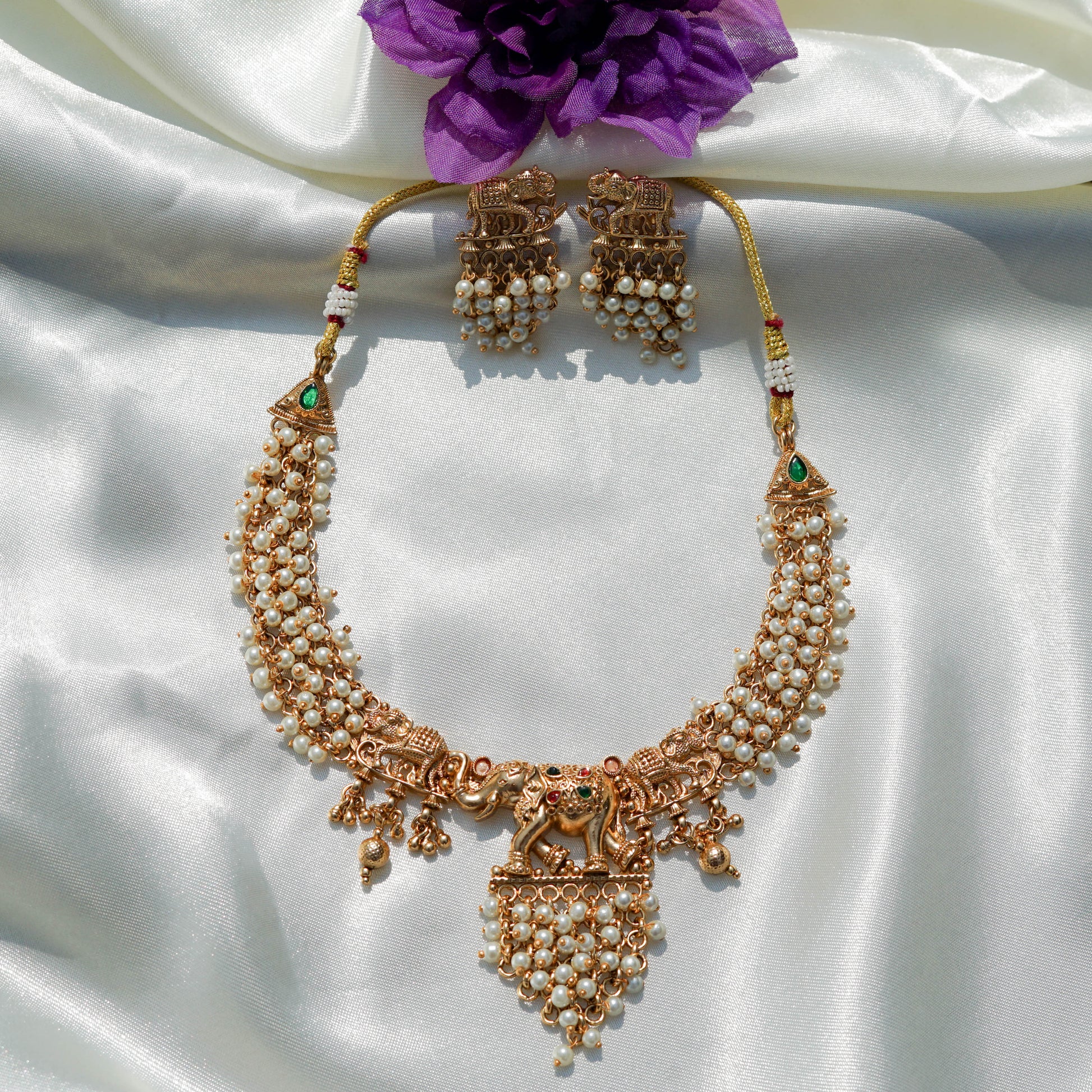 Elephant Motif Pearl Necklace Set