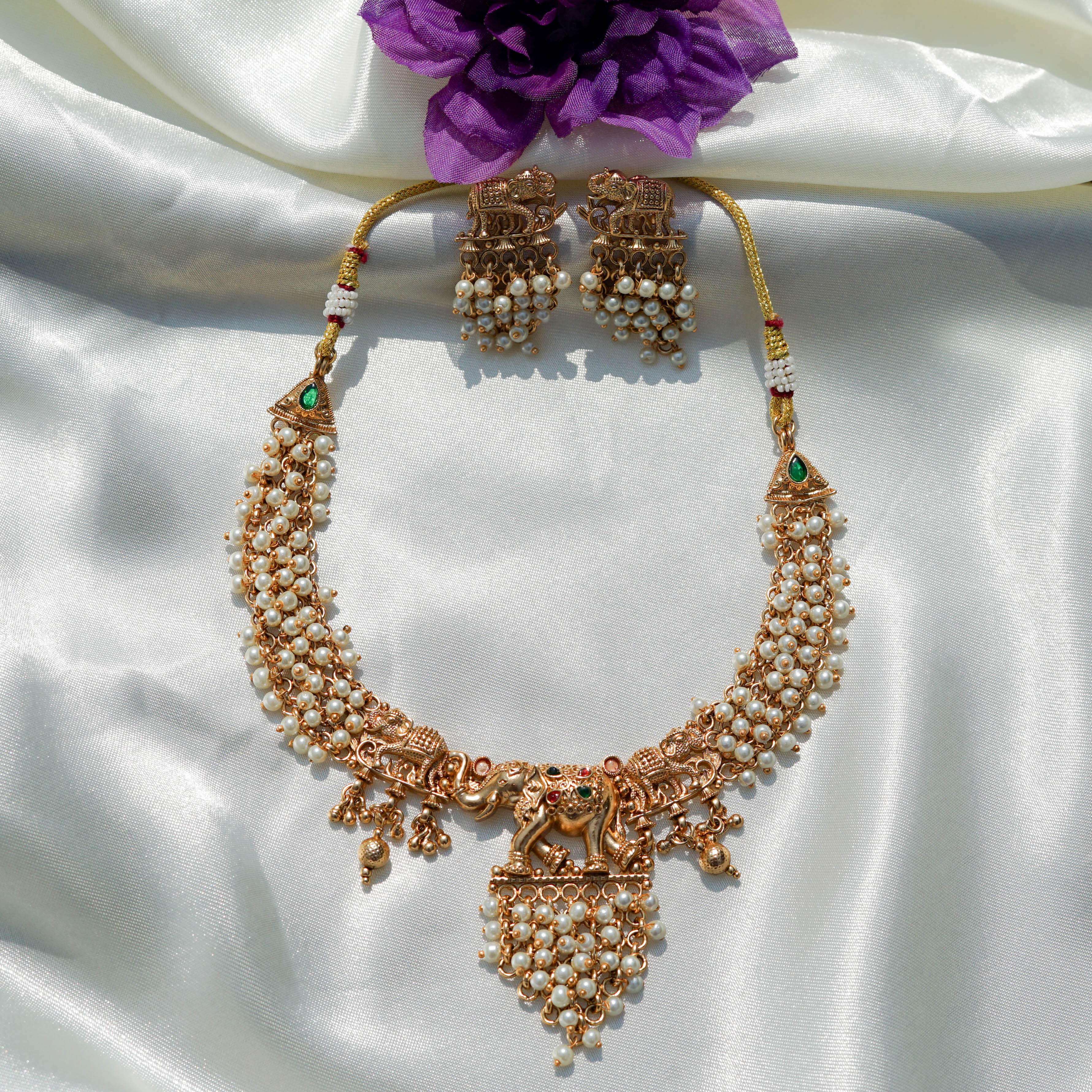 Elephant Motif Pearl Necklace Set