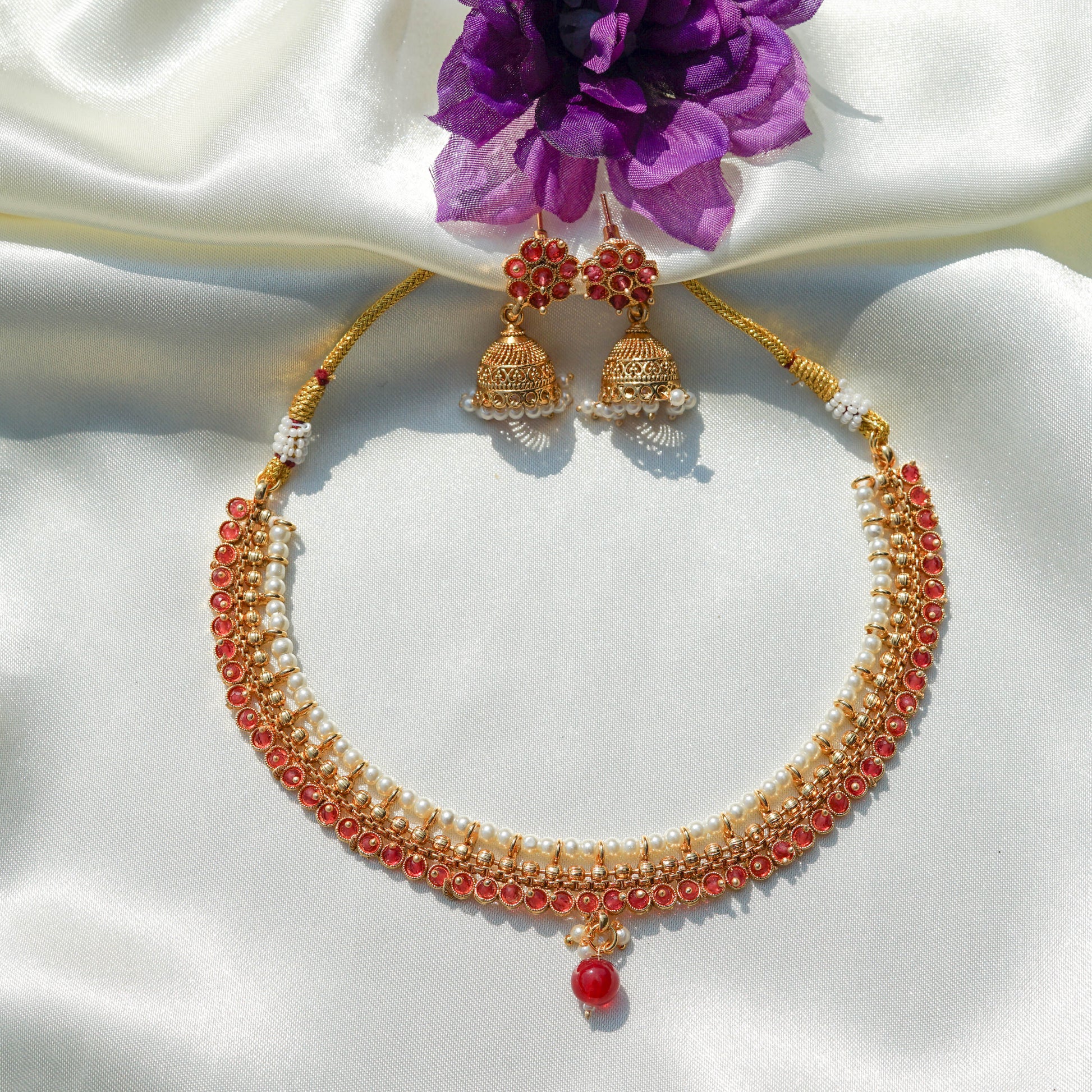 Ruby Petal Pearl Choker Set