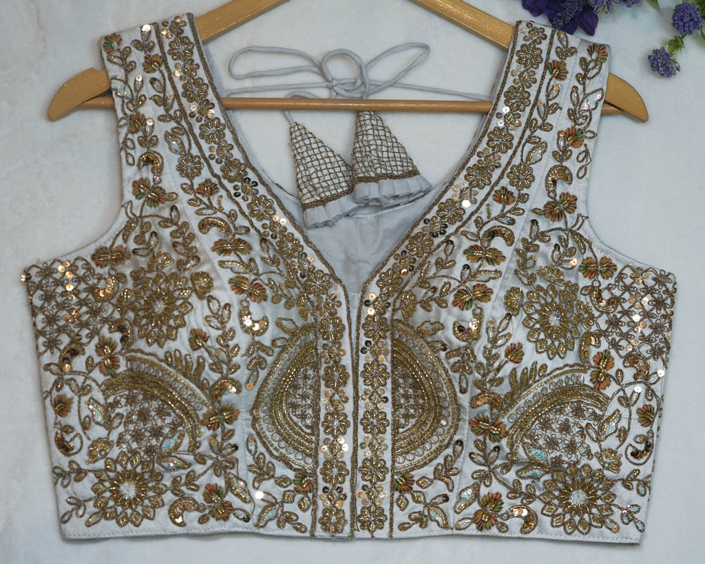 Gold Embroidered Sleeveless Silk Blouse