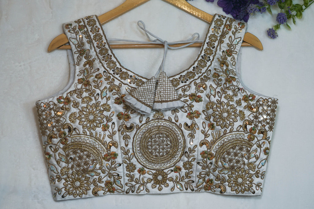 Gold Embroidered Sleeveless Silk Blouse